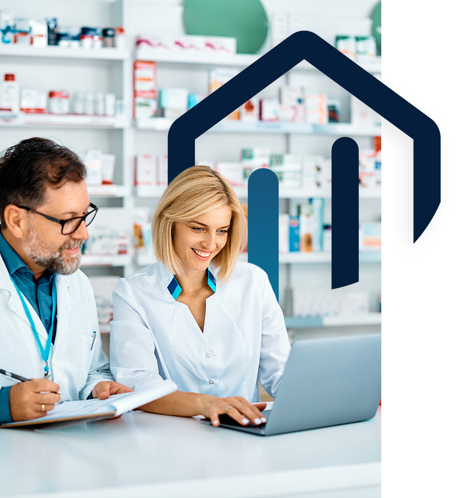 pharmacists checking accreditations on computer 